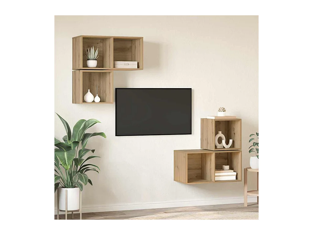 Conjunto de mueble de TV de 4 piezas, roble hecho a mano, 37 x 37 x 72 cm