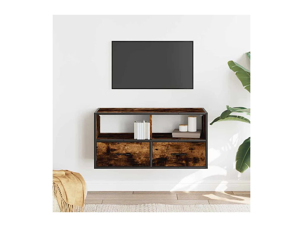 TV-meubel van gerookt eikenhout 80x31x39,5 cm, bewerkt hout en metaal