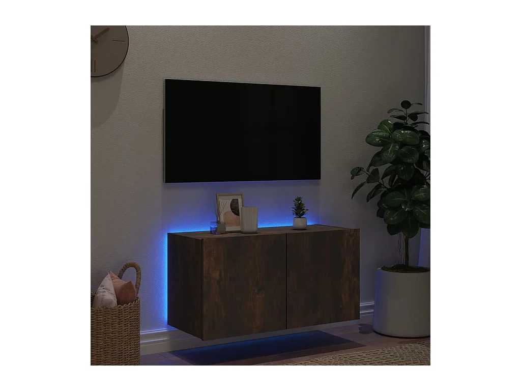 Meuble TV mural avec lumières LED chêne fumé 80x35x41 cm