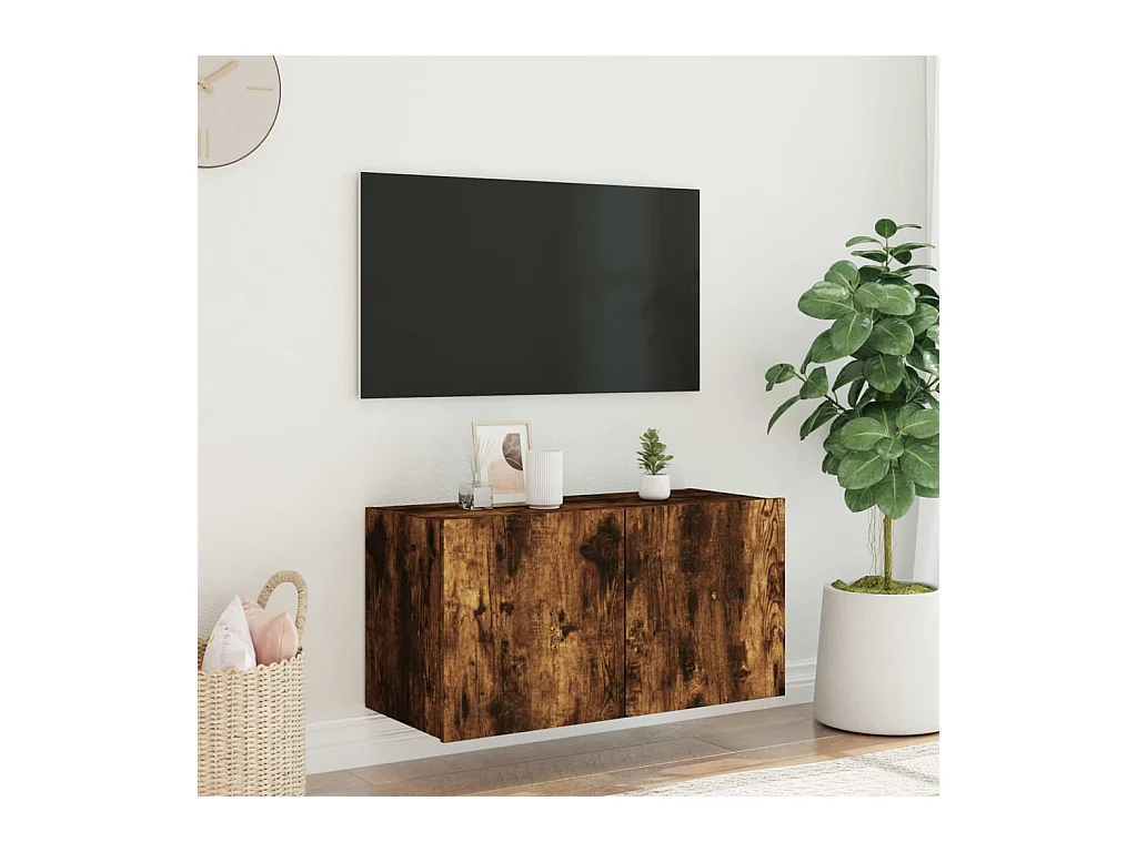 Meuble TV mural avec lumières LED chêne fumé 80x35x41 cm