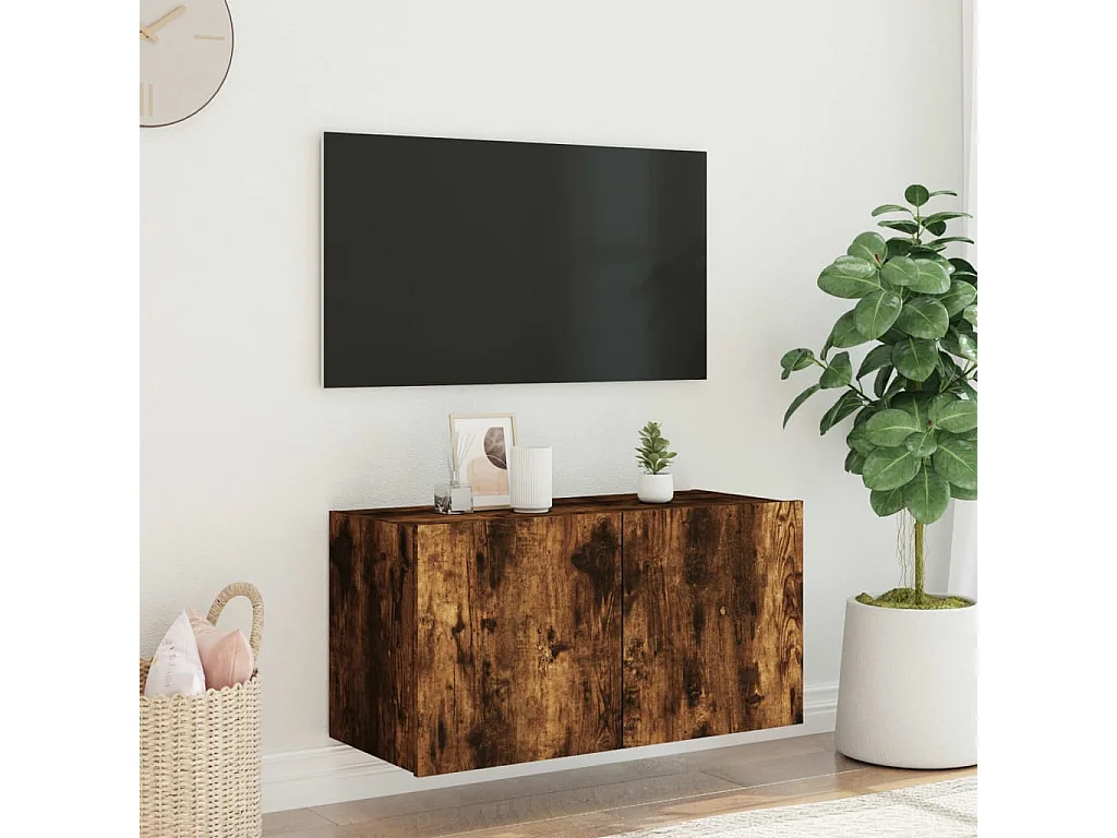 Mobile porta TV a parete con luci LED, rovere affumicato, 80x35x41 cm