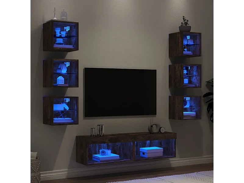Parete attrezzata TV con LED 8 pezzi in legno ingegnerizzato rovere affumicato