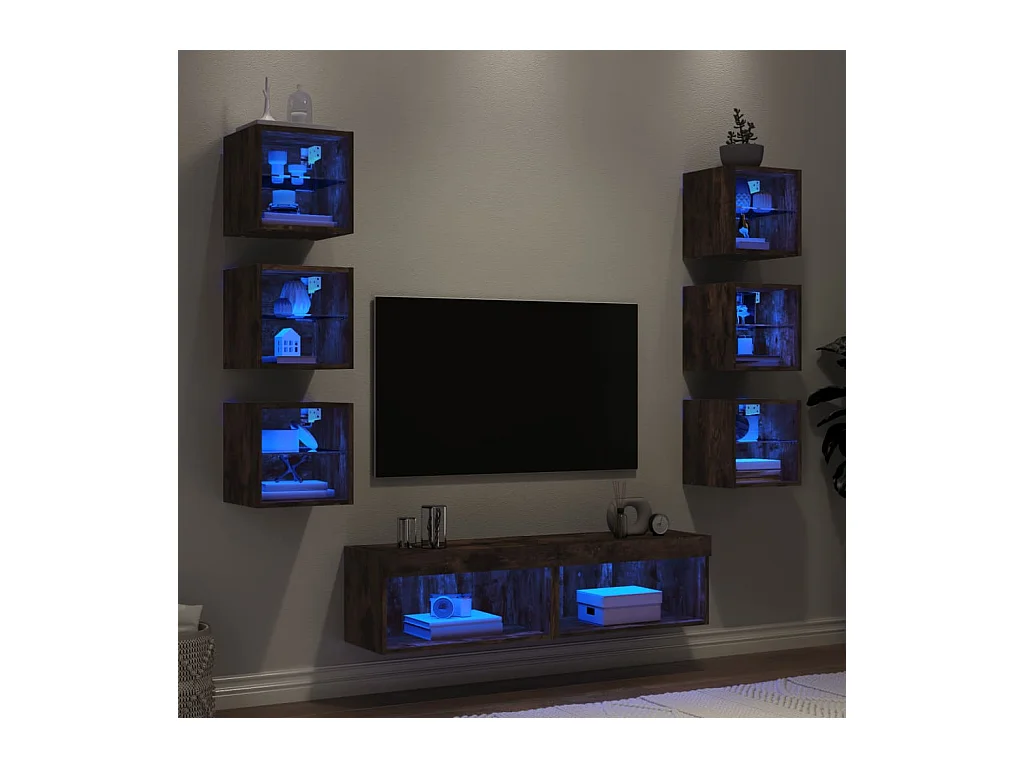 Parete attrezzata TV con LED 8 pezzi in legno ingegnerizzato rovere affumicato