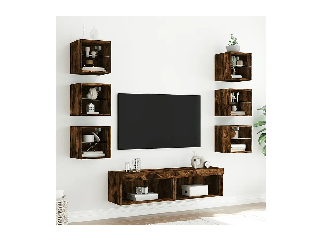 Parete attrezzata TV con LED 8 pezzi in legno ingegnerizzato rovere affumicato
