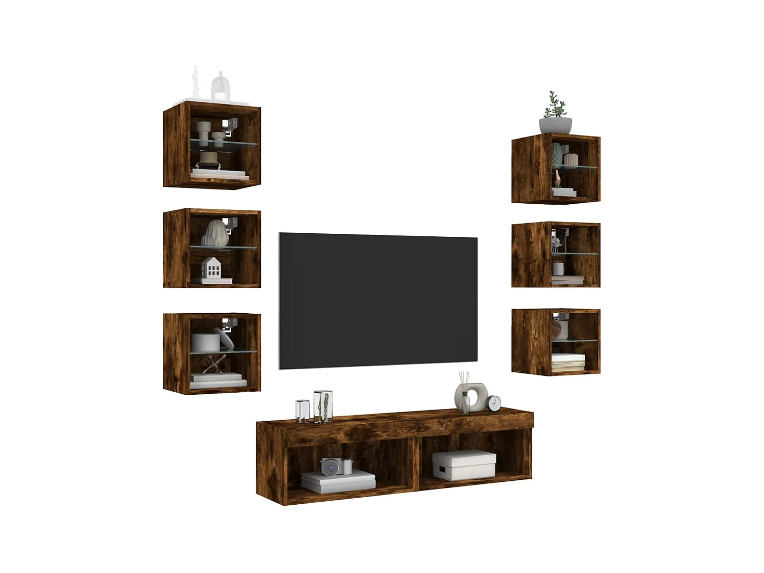 Parete attrezzata TV con LED 8 pezzi in legno ingegnerizzato rovere affumicato