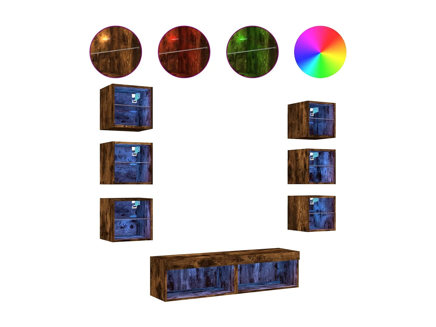 Parete attrezzata TV con LED 8 pezzi in legno ingegnerizzato rovere affumicato