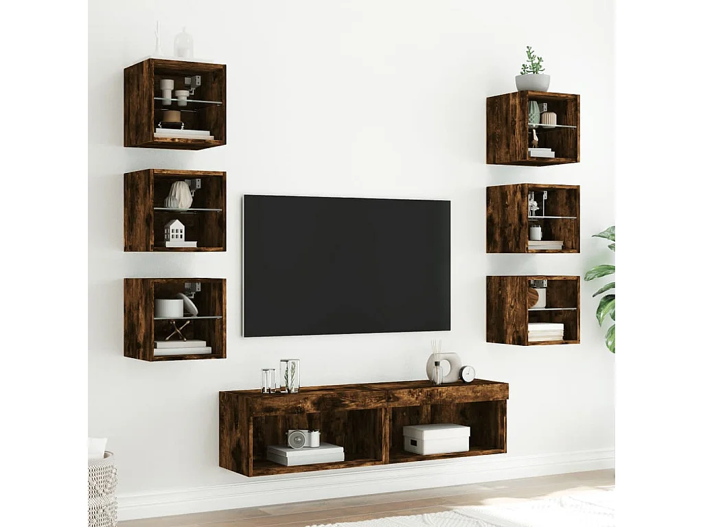 Parete attrezzata TV con LED 8 pezzi in legno ingegnerizzato rovere affumicato