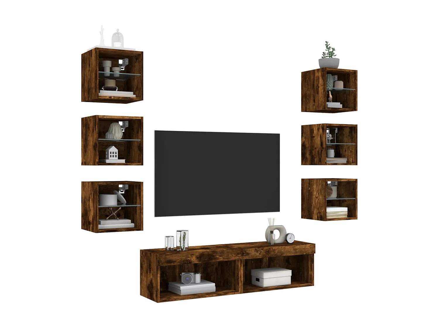 Parete attrezzata TV con LED 8 pezzi in legno ingegnerizzato rovere affumicato