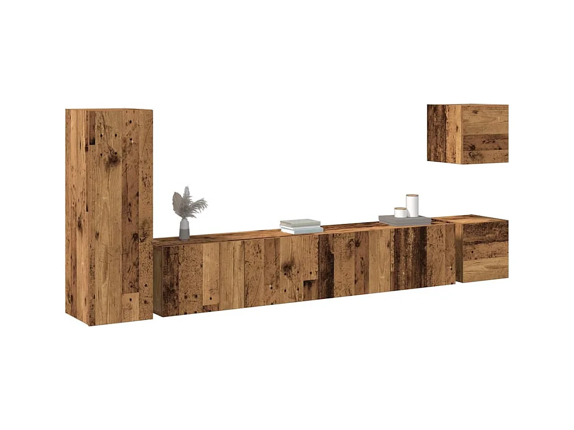 Set di mobili porta TV da parete da 5 pezzi, legno vecchio, legno ingegnerizzato