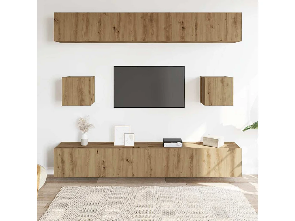 Set di mobili porta TV da parete da 6 pezzi, in rovere lavorato a mano