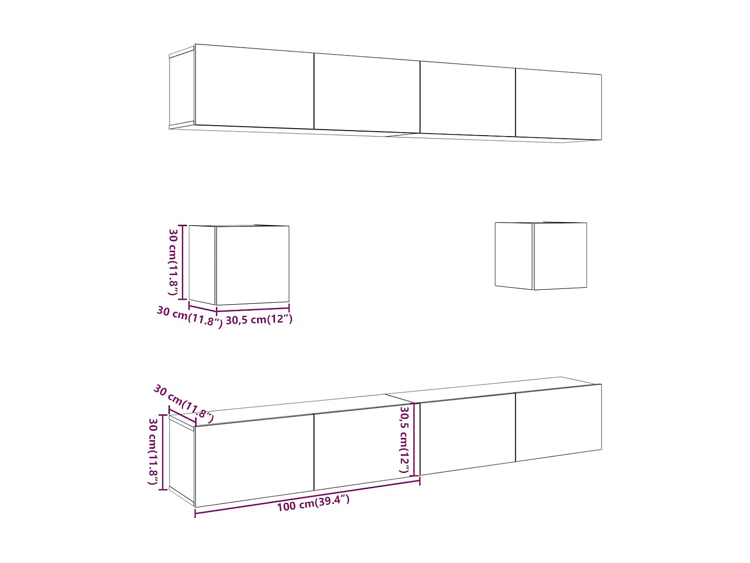 Set di mobili porta TV da parete da 6 pezzi, in rovere lavorato a mano