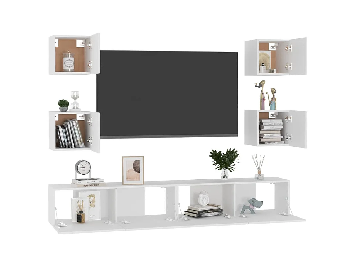 Conjunto de soporte para TV de 6 piezas, blanco, madera de ingeniería