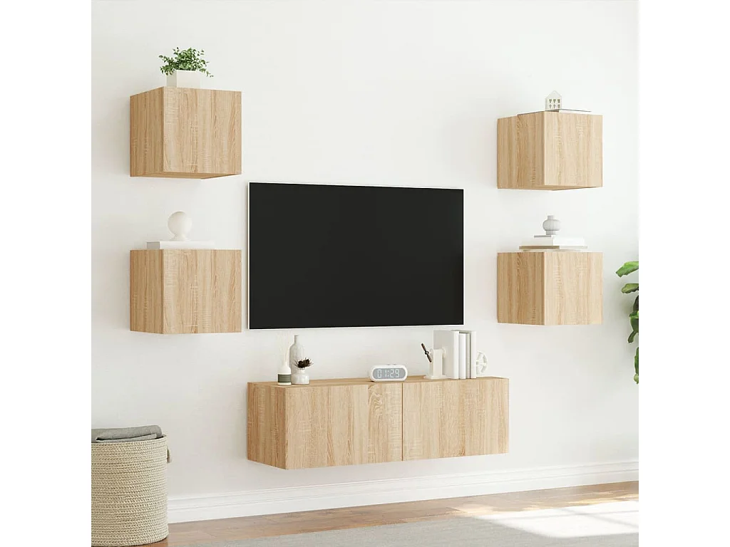 Mobile TV da parete a 5 pezzi con luci LED, Sonoma Oak