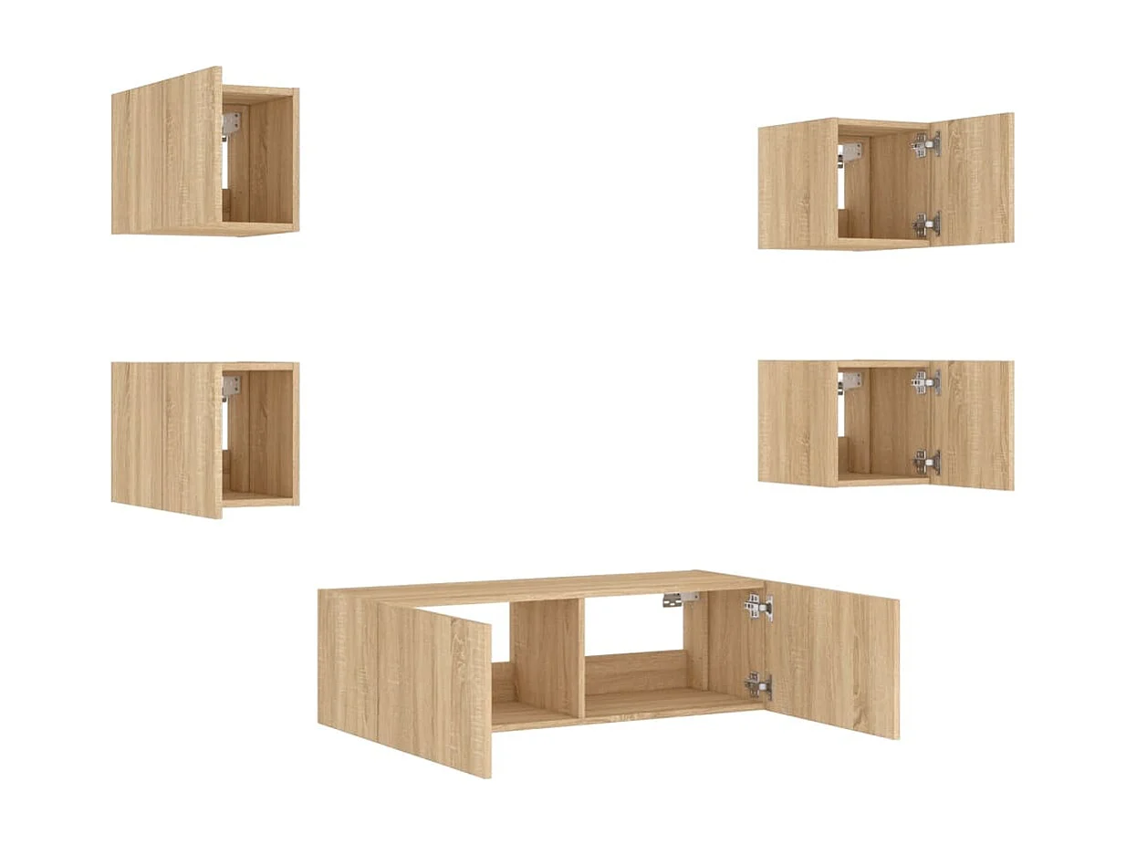 Mobile TV da parete a 5 pezzi con luci LED, Sonoma Oak