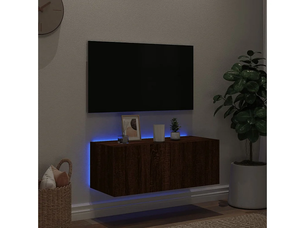 Mobile porta TV a parete con luci LED, rovere marrone, 80x35x31 cm