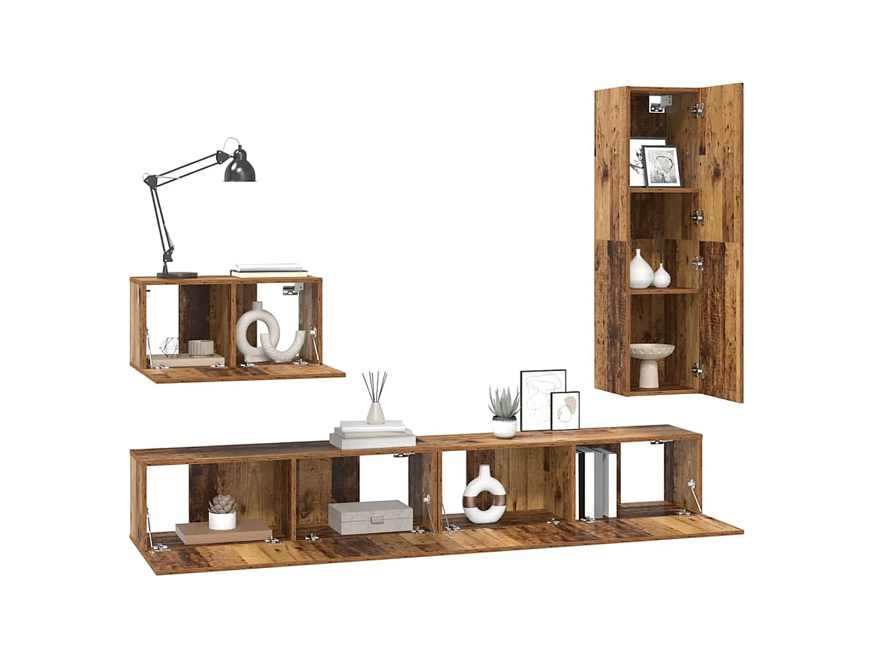 4-delige tv-meubelset, antiek hout, 30,5 x 30 x 110 cm