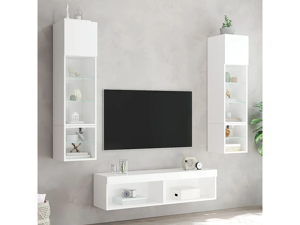 Unités murales TV avec LED 6 pcs blanc bois d'ingénierie