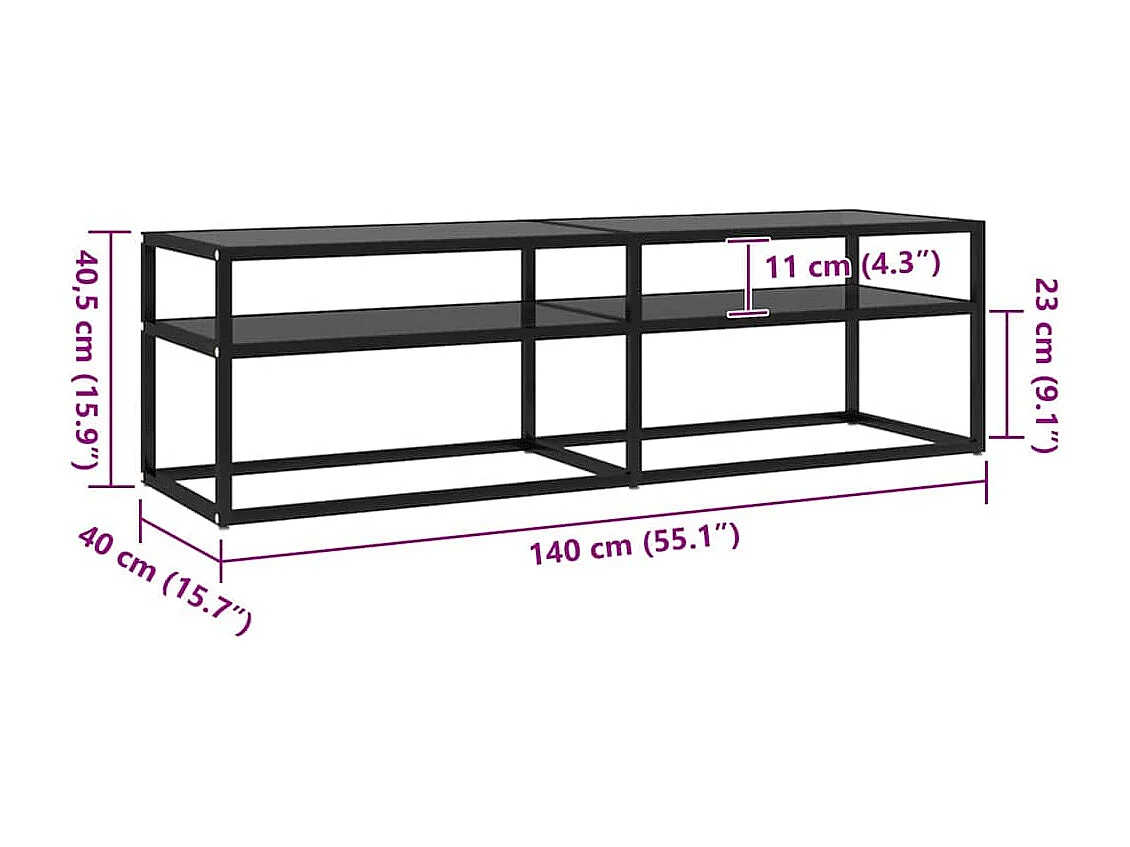 Meuble TV Noir 140x40x40,5 cm Verre trempé