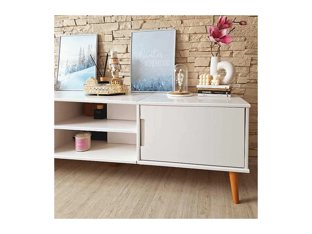 Meuble TV MOLDE Blanc 158x40x49 cm Bois de pin massif