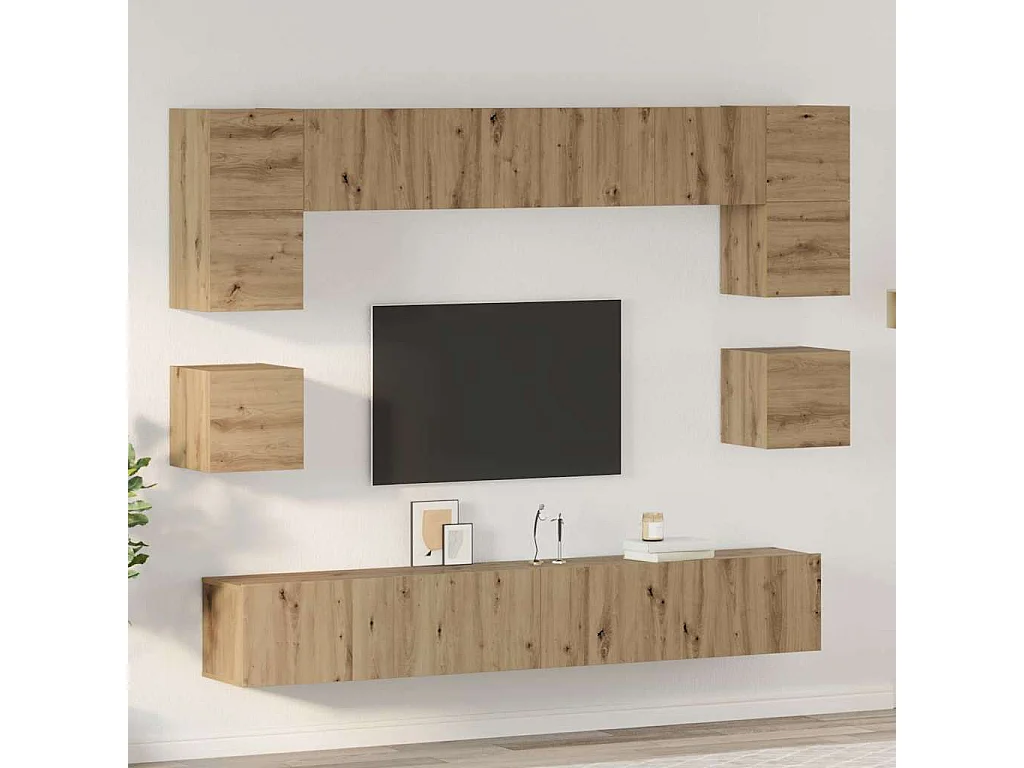 8-delige tv-meubelset, handgemaakt eikenhout, 100 x 30 x 30 cm