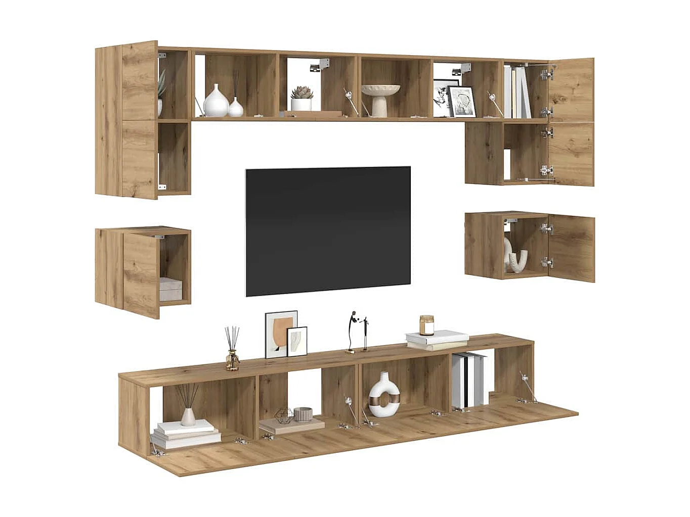 8-delige tv-meubelset, handgemaakt eikenhout, 100 x 30 x 30 cm