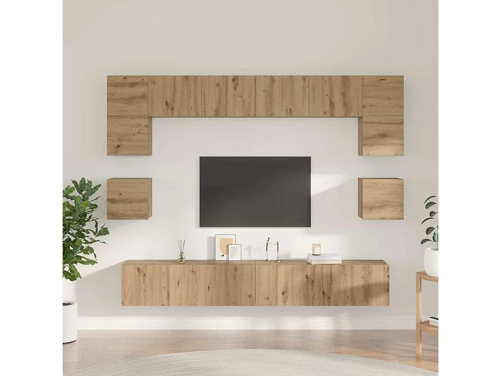 8-delige tv-meubelset, handgemaakt eikenhout, 100 x 30 x 30 cm