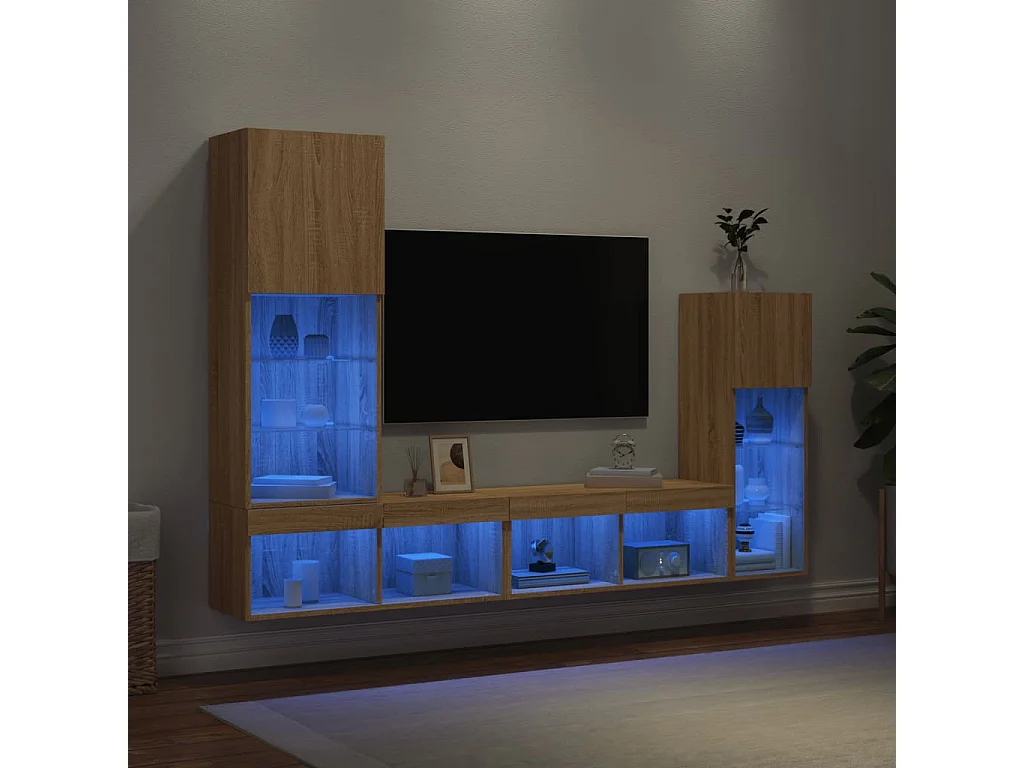 Unités murales TV avec LED 4 pcs chêne sonoma bois d'ingénierie