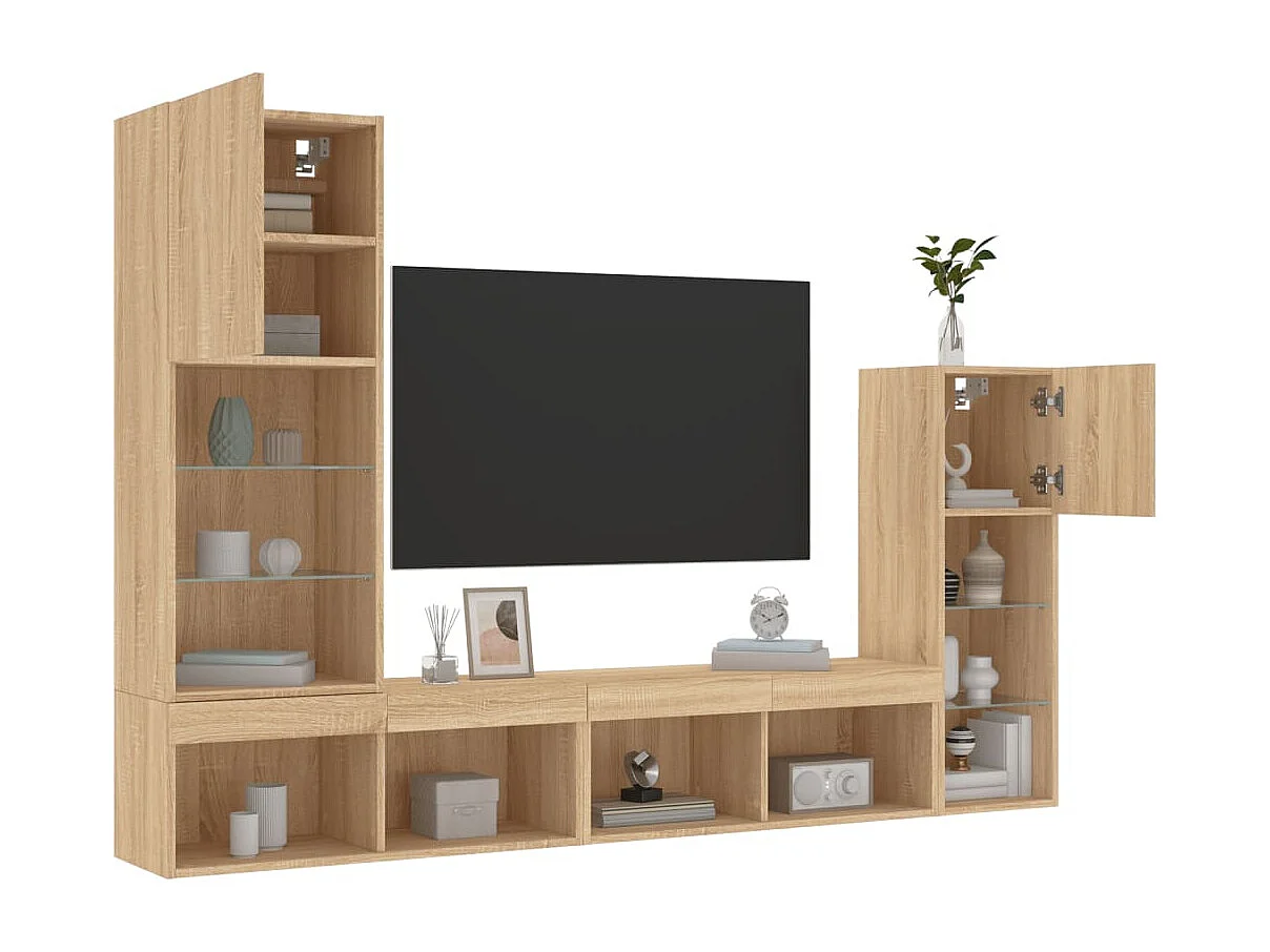 Unités murales TV avec LED 4 pcs chêne sonoma bois d'ingénierie