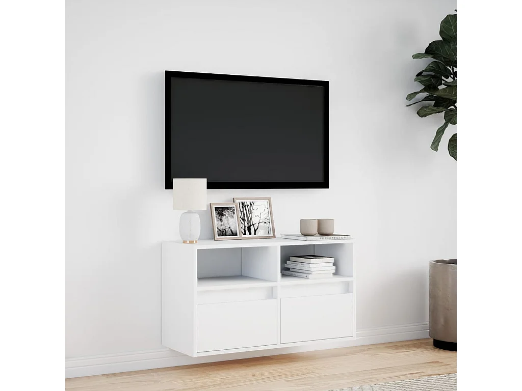 Mobile porta TV a parete con luci LED, bianco, 80x31x45 cm