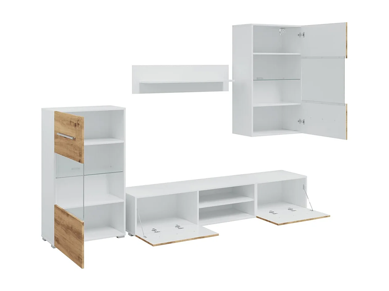 Mobile TV e luce LED 5 pezzi in rovere lavorato a mano in legno ingegnerizzato