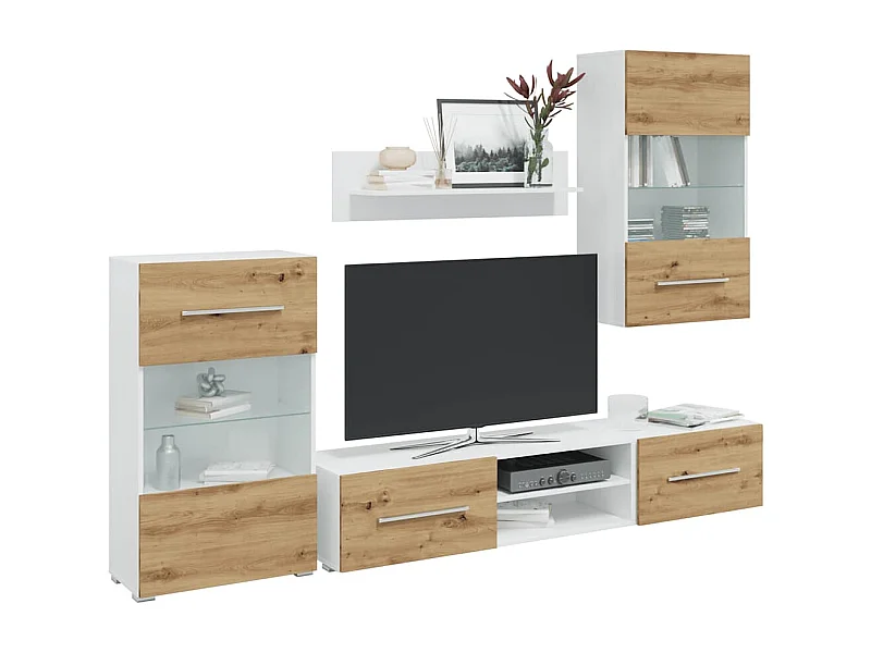 Mobile TV e luce LED 5 pezzi in rovere lavorato a mano in legno ingegnerizzato