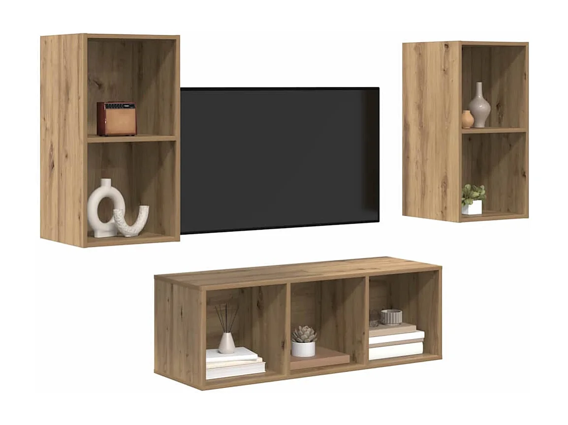 Set di mobili TV da 3 pezzi, rovere lavorato a mano, 37 x 37 x 107 cm