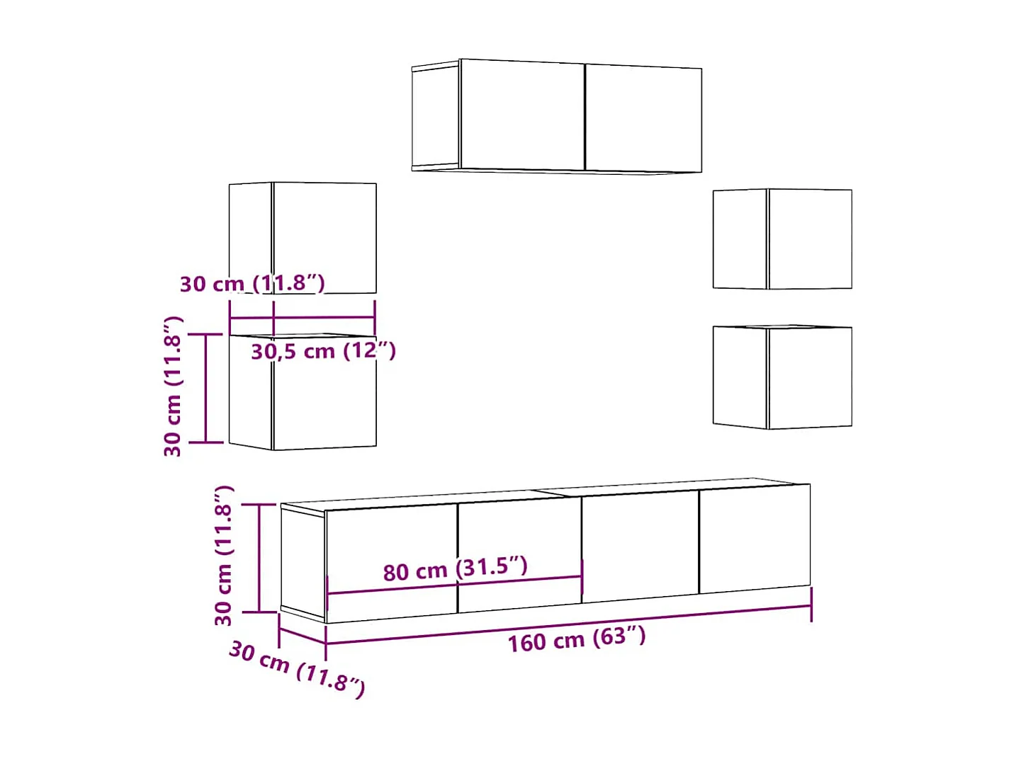 7-teiliges TV-Wandschrank-Set, handgefertigte Eiche