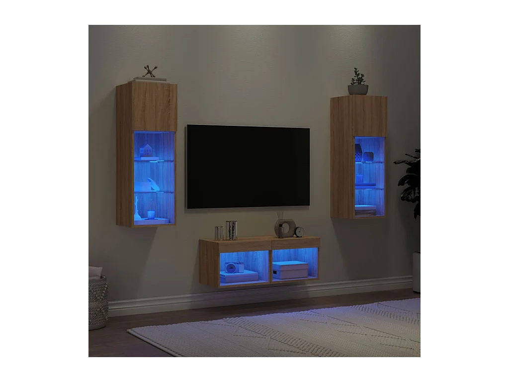 Meuble TV muraux 4 pcs avec lumières LED chêne sonoma