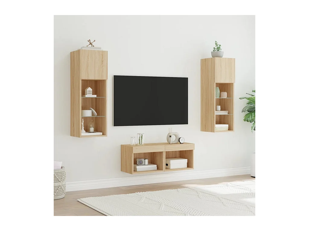 Meuble TV muraux 4 pcs avec lumières LED chêne sonoma