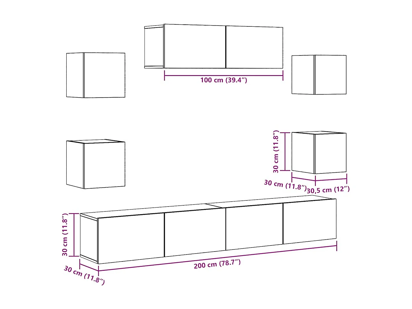 Set di mobili porta TV da parete da 7 pezzi, legno invecchiato, legno ingegnerizzato