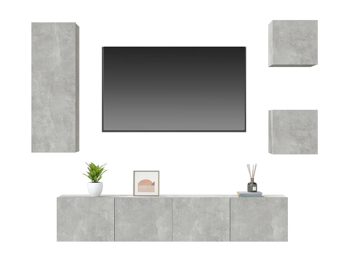 Set di mobili TV da 5 pezzi in legno ingegnerizzato grigio cemento