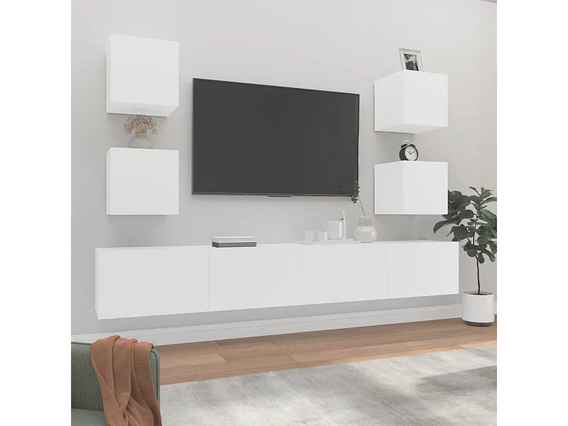 Conjunto de soporte para TV de 6 piezas, blanco, madera de ingeniería
