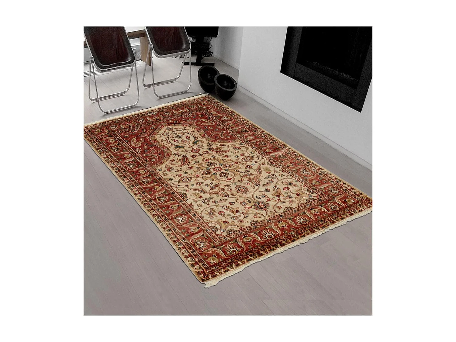 Authentique tapis d'Orient 125x180 fait main en soie beige JIHANGIR 65