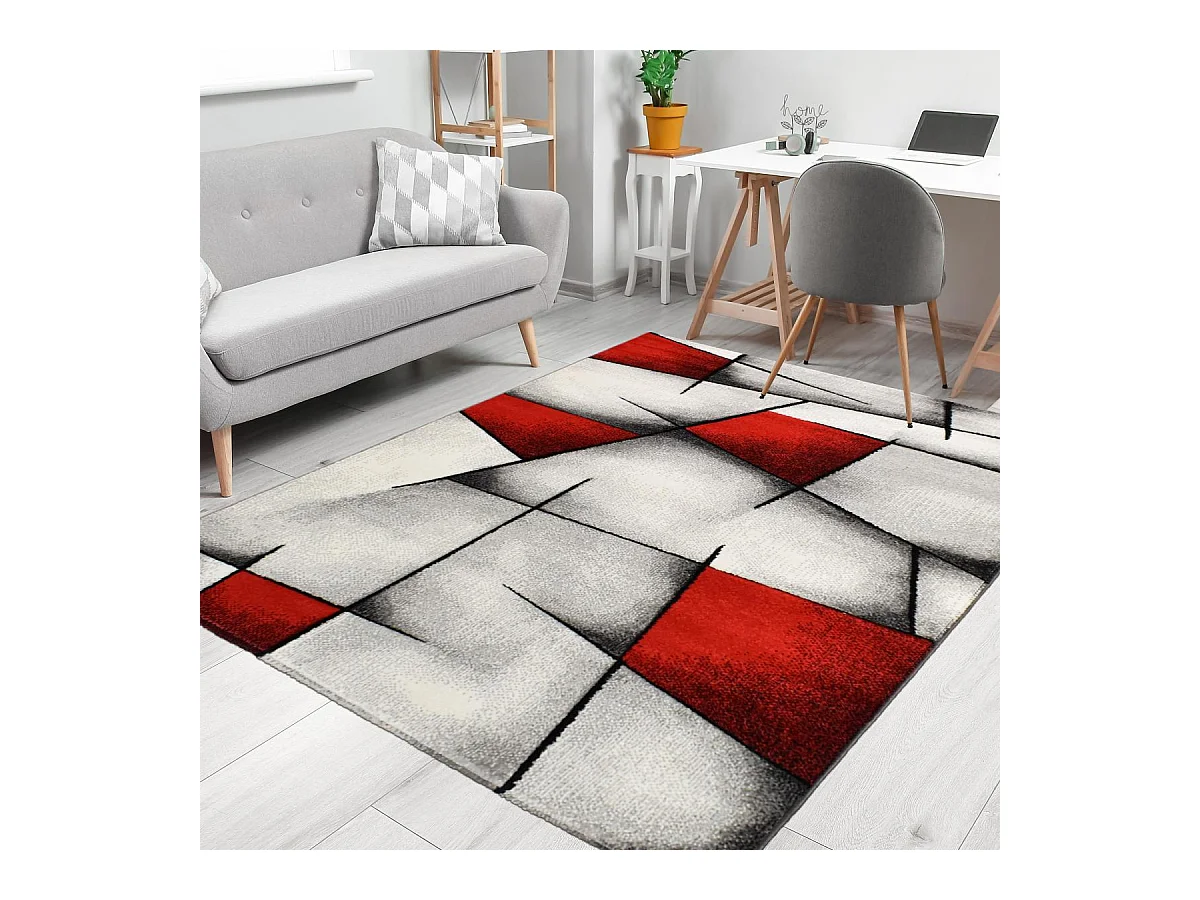tapis salon 140x140 tissé rouge carré motif géométrique LYN8 ULTIMA