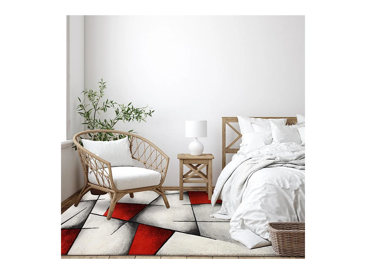 tapis salon 140x140 tissé rouge carré motif géométrique LYN8 ULTIMA