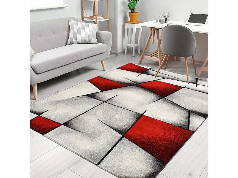 tapis salon 140x140 tissé rouge carré motif géométrique LYN8 ULTIMA