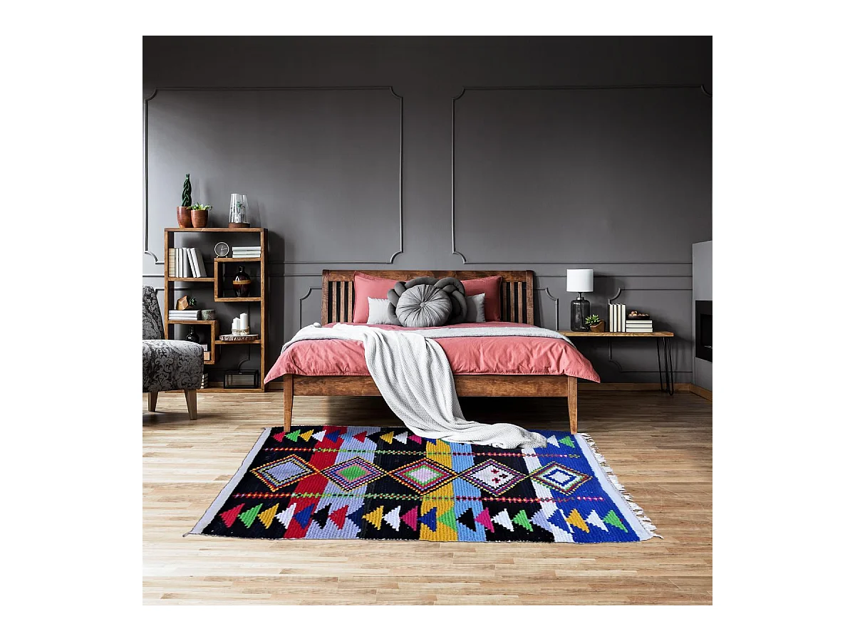 Authentique tapis berbère 150x240 fait à la main en coton bleu et jaune BOUCHAROUETTE AG