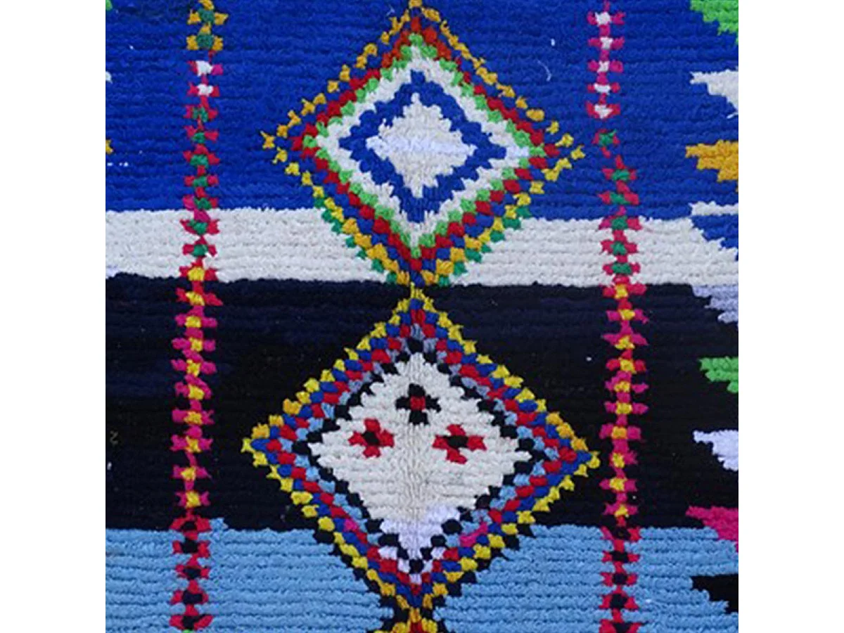 Authentique tapis berbère 150x240 fait à la main en coton bleu et jaune BOUCHAROUETTE AG
