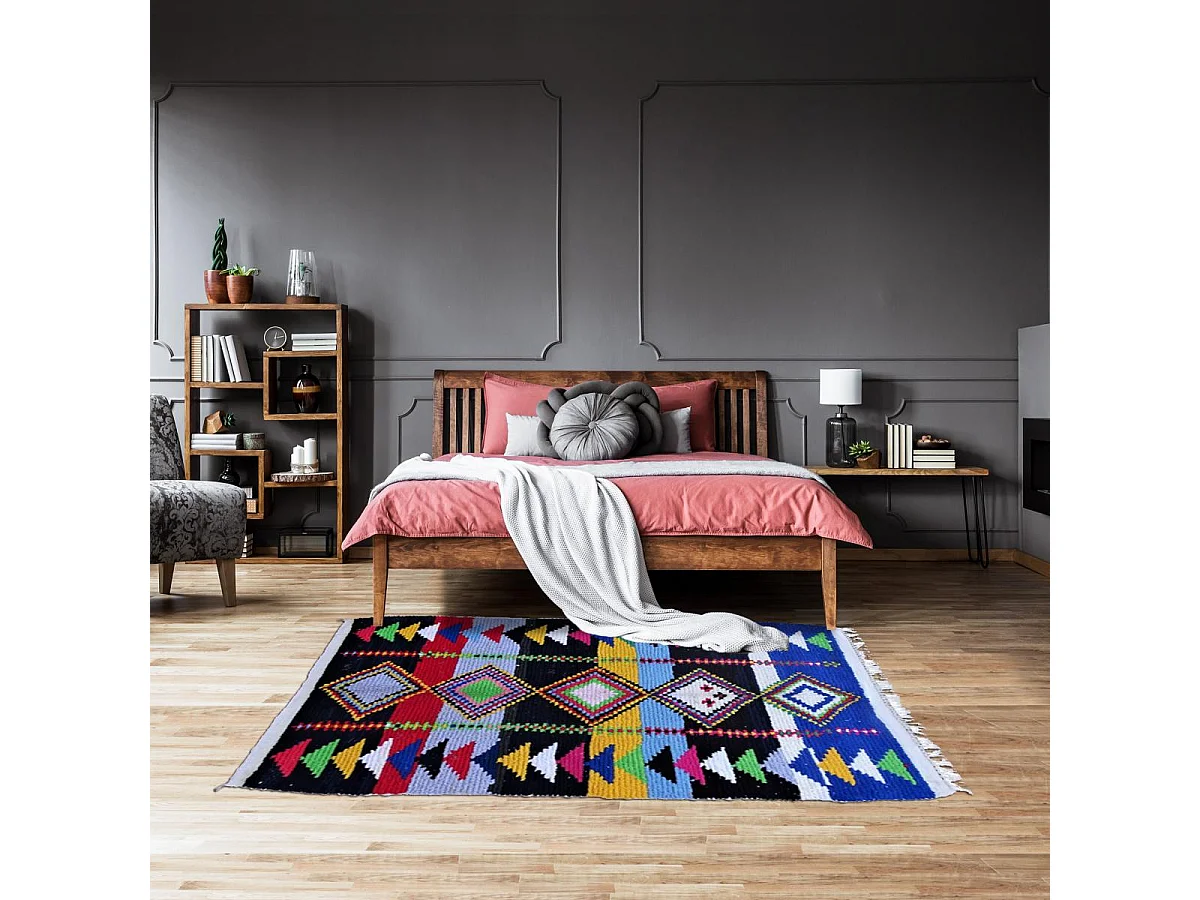 Authentique tapis berbère 150x240 fait à la main en coton bleu et jaune BOUCHAROUETTE AG