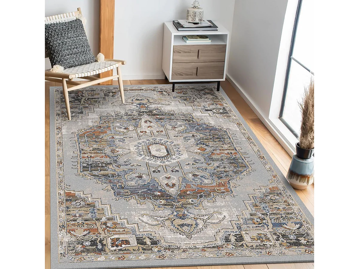 Tapis orient 120x160 rectangle jaune et bleu tissé motif classique ELAE