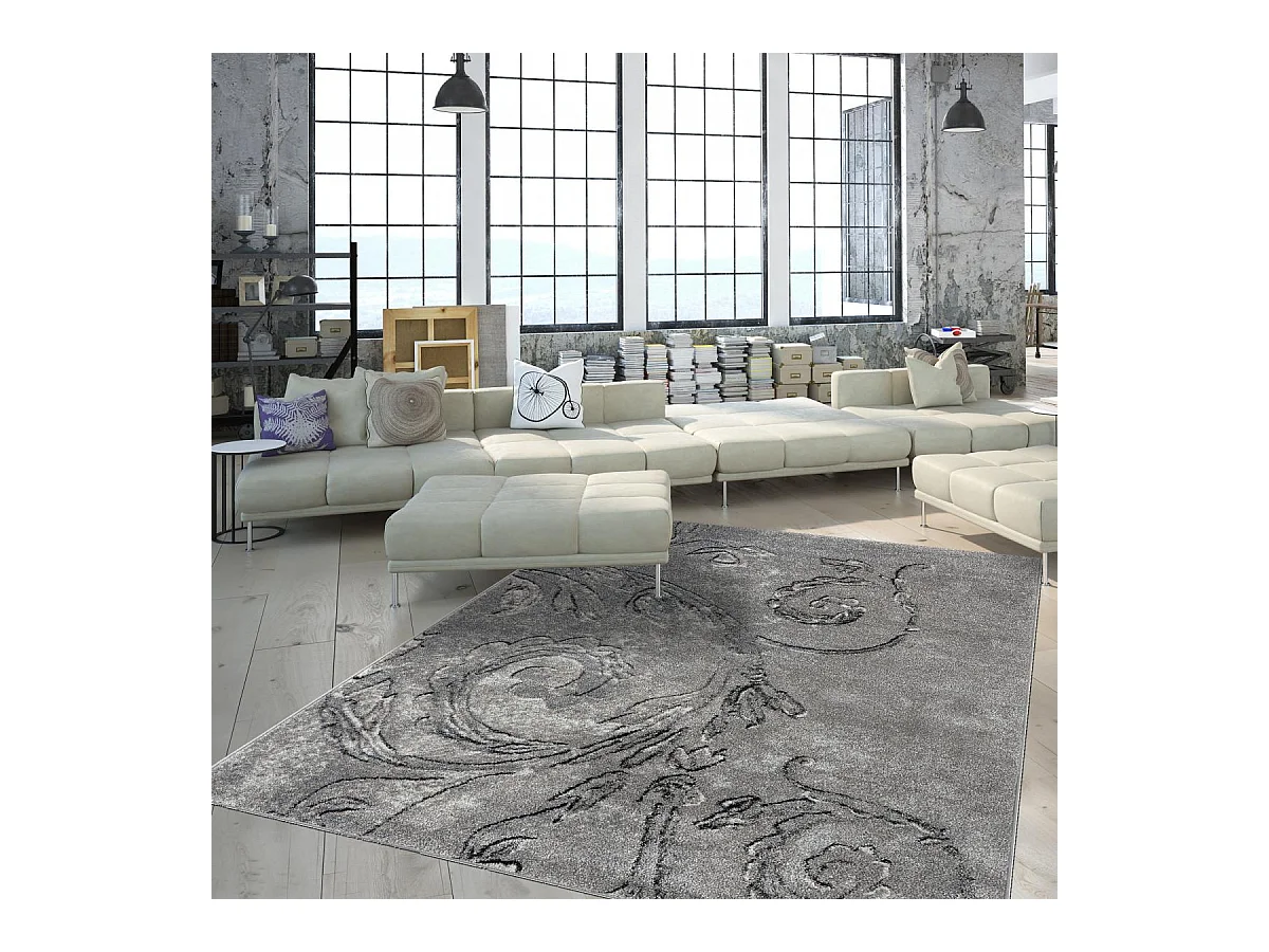 tapis chambre 120x160 tissé gris rectangle motif baroque MUMBA D