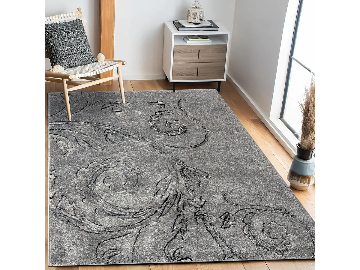 tapis chambre 120x160 tissé gris rectangle motif baroque MUMBA D