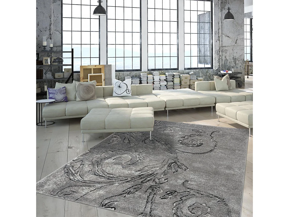 tapis chambre 120x160 tissé gris rectangle motif baroque MUMBA D