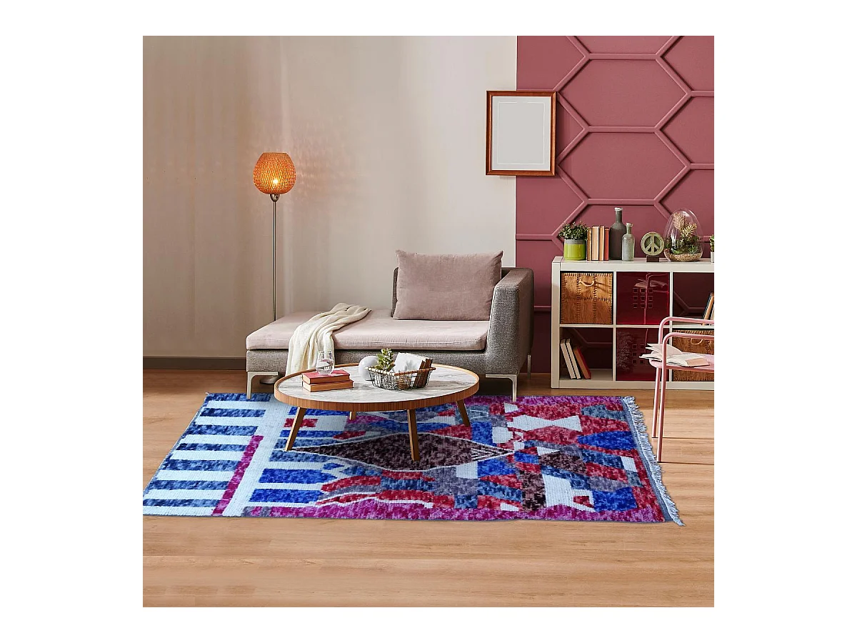 Authentique tapis berbère 145x235 fait à la main en laine blanc cassé et bleu AZILAL 19 motif ethnic